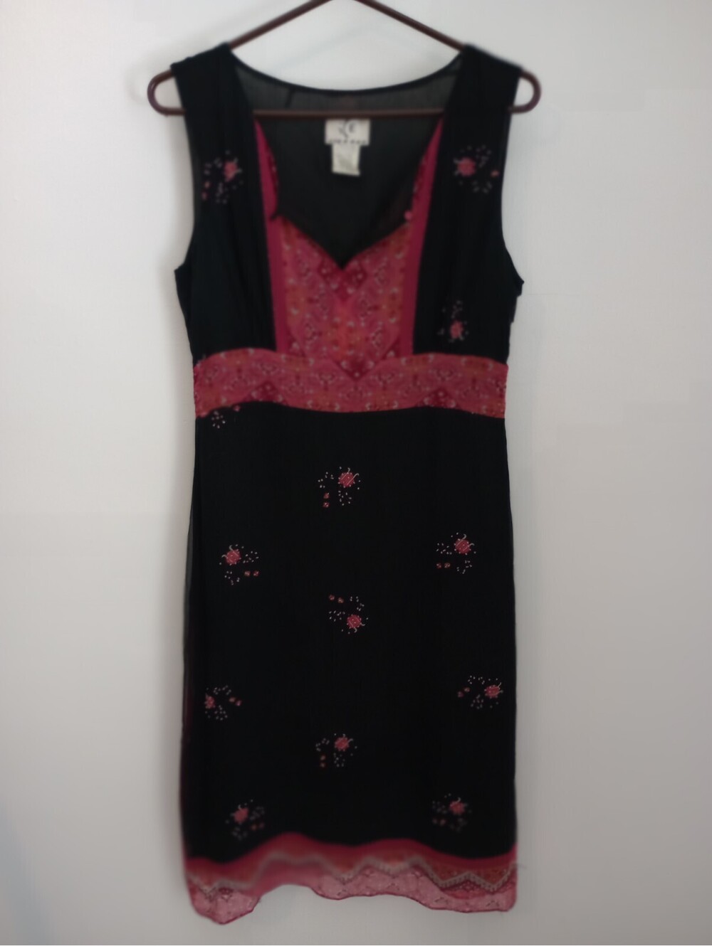 Vtg Y2K ICE Silk Dress Boho Chic Dress Beaded Fuscia Pink Black Lined Sz 8 - Picture 2 of 9